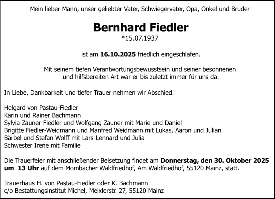 Traueranzeige von Bernhard Fiedler von Allgemeine Zeitung Mainz Traueranzeige von Bernhard Fiedler von Allgemeine Zeitung Mainz