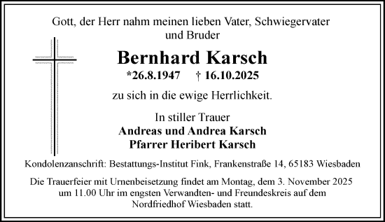 Traueranzeige von Bernhard Karsch von Wiesbadener Kurier Traueranzeige von Bernhard Karsch von Wiesbadener Kurier