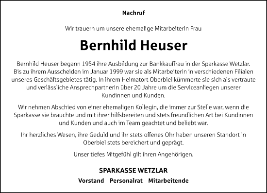 Traueranzeige von Bernhild Heuser von Wetzlarer Neue Zeitung Traueranzeige von Bernhild Heuser von Wetzlarer Neue Zeitung