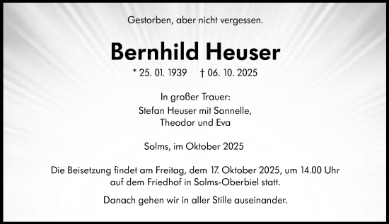 Traueranzeige von Bernhild Heuser von Wetzlarer Neue Zeitung Traueranzeige von Bernhild Heuser von Wetzlarer Neue Zeitung