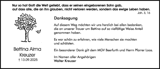 Traueranzeige von Bettina Alma Kreuzer von Odenwälder Echo