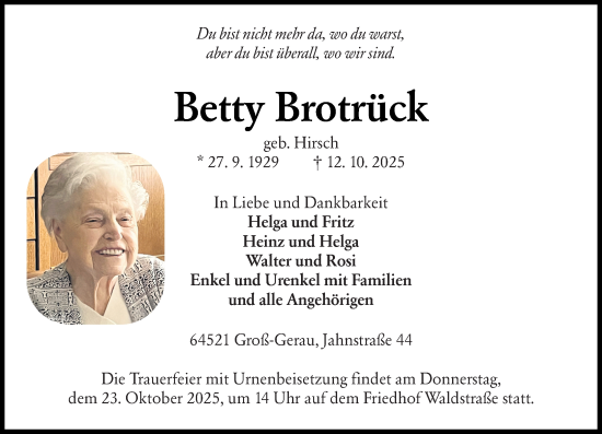 Traueranzeige von Betty Brotrück von Groß-Gerauer Echo Traueranzeige von Betty Brotrück von Groß-Gerauer Echo