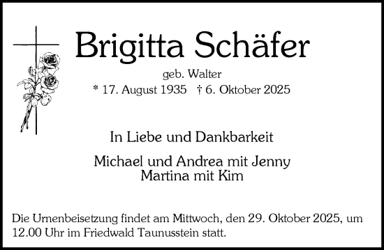 Traueranzeige von Brigitta Schäfer von Wiesbadener Kurier Traueranzeige von Brigitta Schäfer von Wiesbadener Kurier
