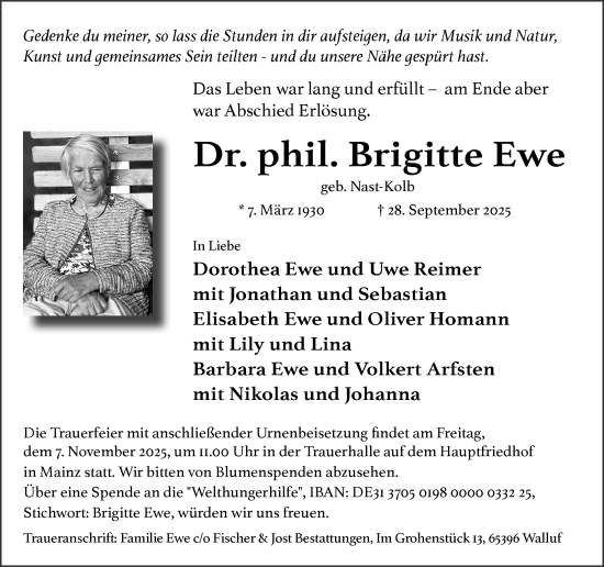 Traueranzeige von Brigitte Ewe von Allgemeine Zeitung Mainz Traueranzeige von Brigitte Ewe von Allgemeine Zeitung Mainz