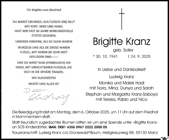 Traueranzeige von Brigitte Kranz von Allgemeine Zeitung Mainz Traueranzeige von Brigitte Kranz von Allgemeine Zeitung Mainz
