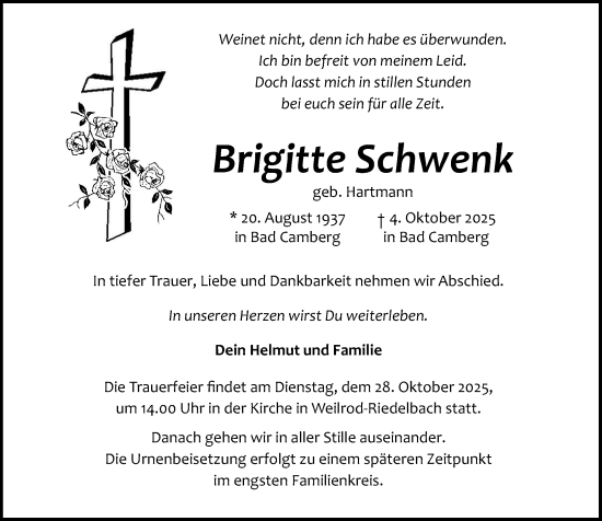 Traueranzeige von Brigitte Schwenk von Camberger Anzeiger Traueranzeige von Brigitte Schwenk von Camberger Anzeiger