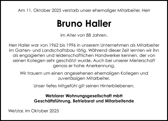Traueranzeige von Bruno Haller von Wetzlarer Neue Zeitung