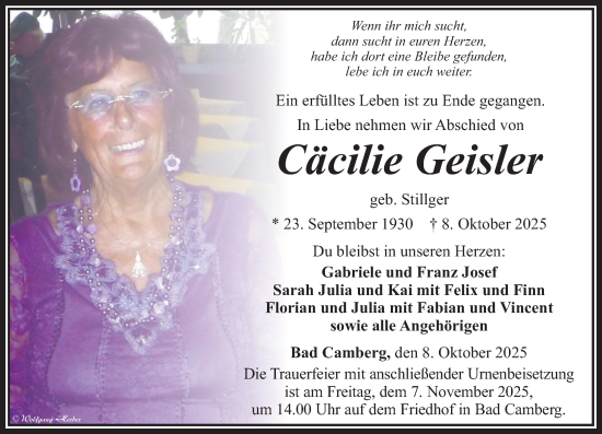 Traueranzeige von Cäcilie Geisler von Camberger Anzeiger Traueranzeige von Cäcilie Geisler von Camberger Anzeiger