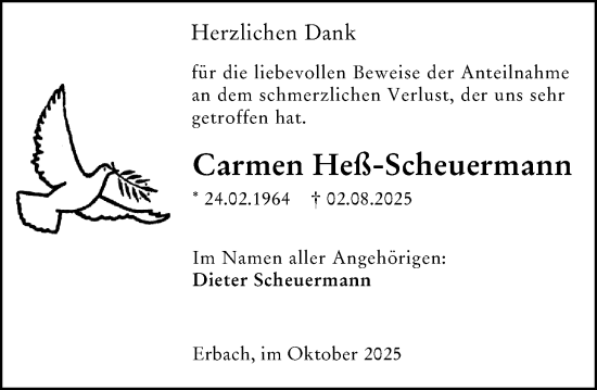 Traueranzeige von Carmen Heß-Scheuermann von Odenwälder Echo Traueranzeige von Carmen Heß-Scheuermann von Odenwälder Echo