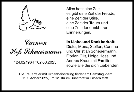 Traueranzeige von Carmen Heß-Scheuermann von Odenwälder Echo Traueranzeige von Carmen Heß-Scheuermann von Odenwälder Echo