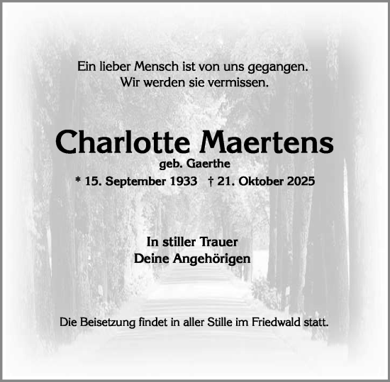 Traueranzeige von Charlotte Maertens von Wiesbadener Kurier