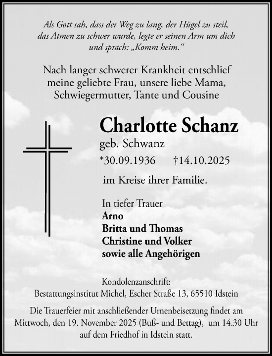 Traueranzeige von Charlotte Schanz von Idsteiner Land/Untertaunus Traueranzeige von Charlotte Schanz von Idsteiner Land/Untertaunus