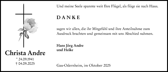 Traueranzeige von Christa Andre von Allgemeine Zeitung Alzey Traueranzeige von Christa Andre von Allgemeine Zeitung Alzey