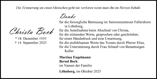 Traueranzeige von Christa Bock von Weilburger Tageblatt Traueranzeige von Christa Bock von Weilburger Tageblatt