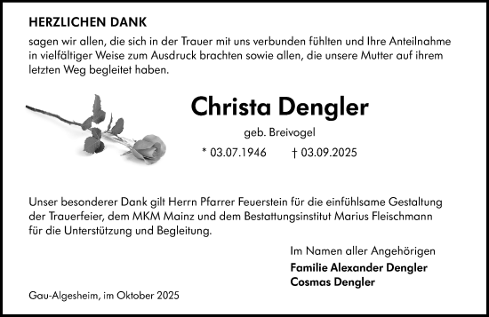 Traueranzeige von Christa Dengler von Allgemeine Zeitung Rheinhessen-Nahe