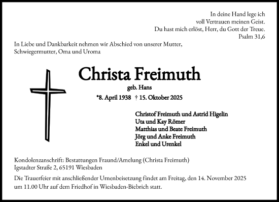 Traueranzeige von Christa Freimuth von Wiesbadener Kurier Traueranzeige von Christa Freimuth von Wiesbadener Kurier