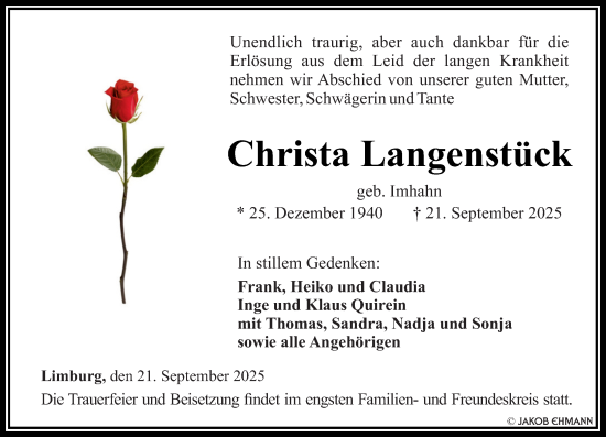 Traueranzeige von Christa Langenstück von Nassauische Neue Presse Traueranzeige von Christa Langenstück von Nassauische Neue Presse