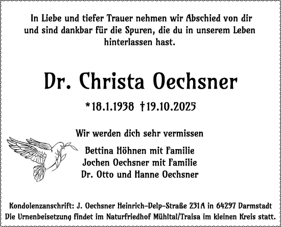 Traueranzeige von Christa Oechsner von Darmstädter Echo Traueranzeige von Christa Oechsner von Darmstädter Echo