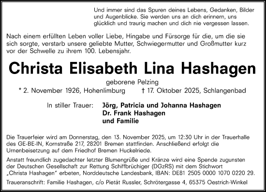 Traueranzeige von Christa Elisabeth Lina Hashagen von Wiesbadener Kurier Traueranzeige von Christa Elisabeth Lina Hashagen von Wiesbadener Kurier