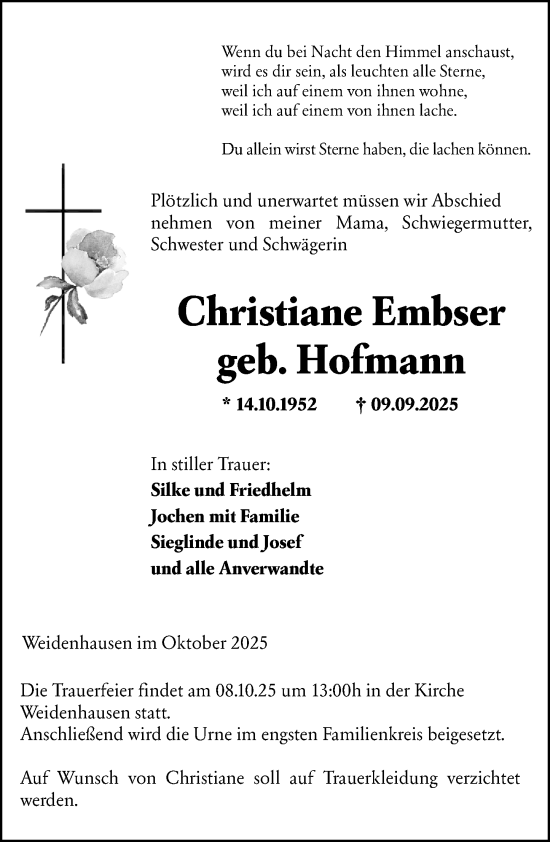 Traueranzeige von Christiane Embser von Hinterländer Anzeiger Traueranzeige von Christiane Embser von Hinterländer Anzeiger