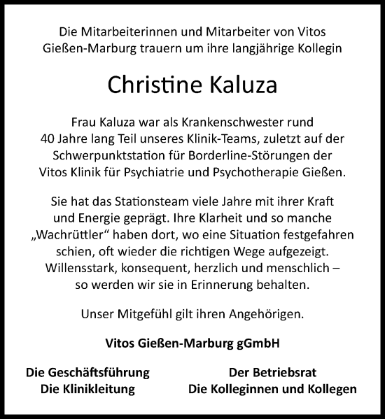 Traueranzeige von Christine Kaluza von Wetzlarer Neue Zeitung