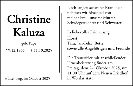 Traueranzeige von Christine Kaluza von Wetzlarer Neue Zeitung Traueranzeige von Christine Kaluza von Wetzlarer Neue Zeitung