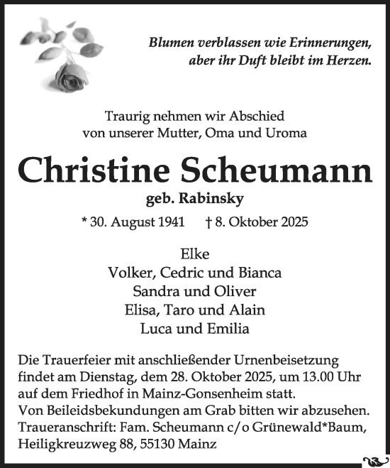 Traueranzeige von Christine Scheumann von Allgemeine Zeitung Mainz Traueranzeige von Christine Scheumann von Allgemeine Zeitung Mainz