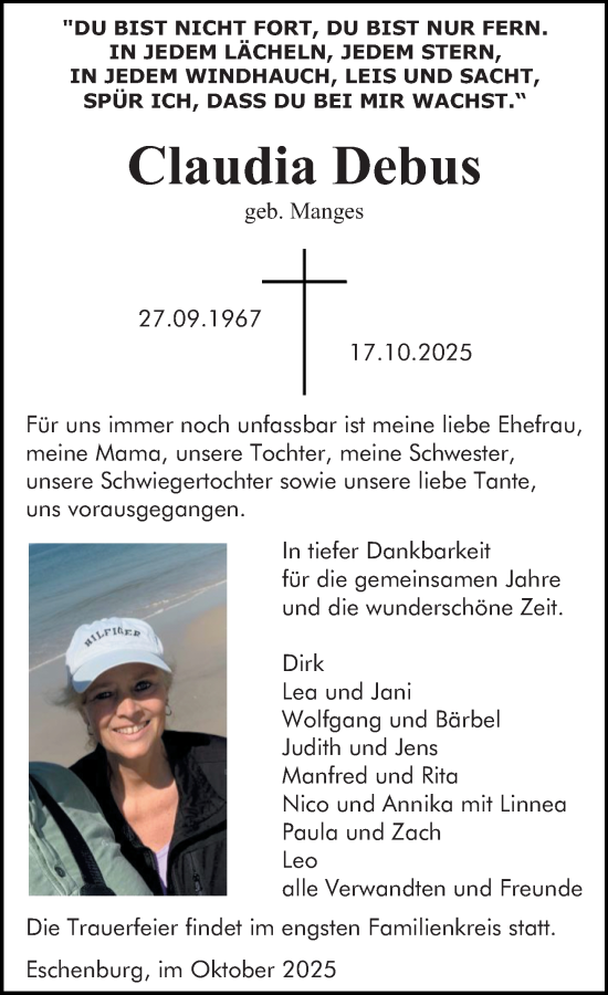 Traueranzeige von Claudia Debus von Dill Block