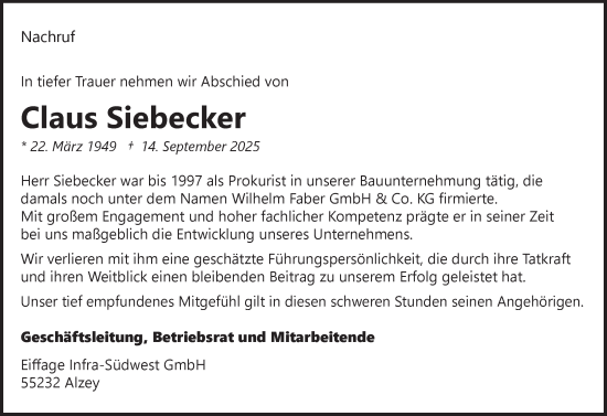 Traueranzeige von Claus Siebecker von Allgemeine Zeitung Alzey Traueranzeige von Claus Siebecker von Allgemeine Zeitung Alzey