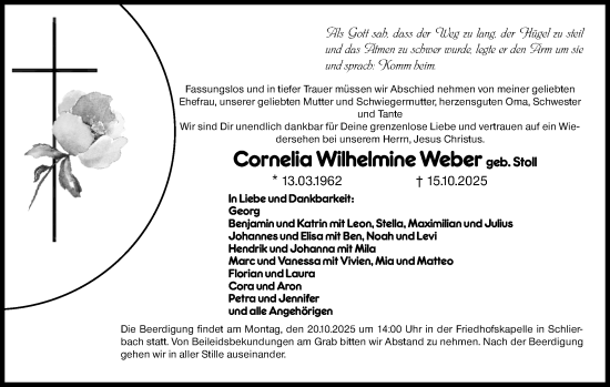 Traueranzeige von Cornelia Wilhelmine Weber von Hinterländer Anzeiger