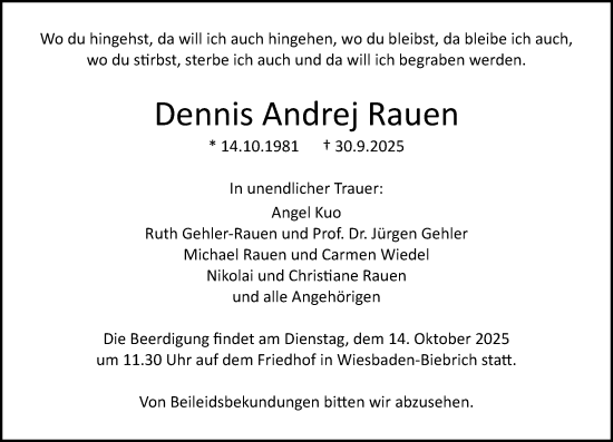 Traueranzeige von Dennis Andrej Rauen von Rüsselsheimer Echo