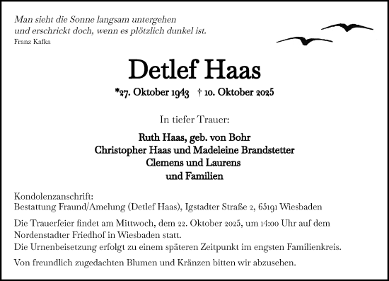Traueranzeige von Detlef Haas von Wiesbadener Kurier Traueranzeige von Detlef Haas von Wiesbadener Kurier