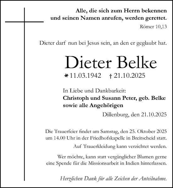Traueranzeige von Dieter Belke von Dill Block Traueranzeige von Dieter Belke von Dill Block