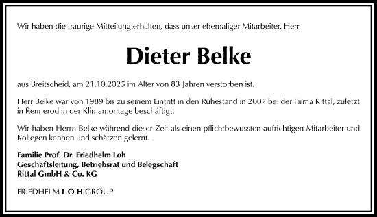 Traueranzeige von Dieter Belke von Dill Block Traueranzeige von Dieter Belke von Dill Block