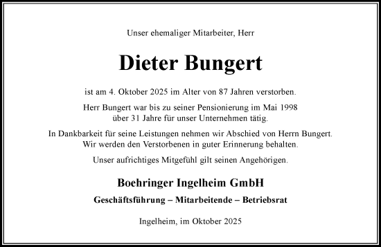 Traueranzeige von Dieter Bungert von Allgemeine Zeitung Rheinhessen-Nahe Traueranzeige von Dieter Bungert von Allgemeine Zeitung Rheinhessen-Nahe