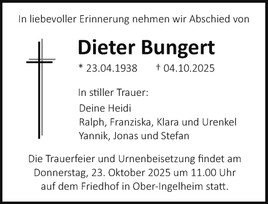 Traueranzeige von Dieter Bungert von Allgemeine Zeitung Rheinhessen-Nahe Traueranzeige von Dieter Bungert von Allgemeine Zeitung Rheinhessen-Nahe