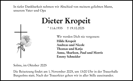 Traueranzeige von Dieter Kropeit von Wetzlarer Neue Zeitung Traueranzeige von Dieter Kropeit von Wetzlarer Neue Zeitung