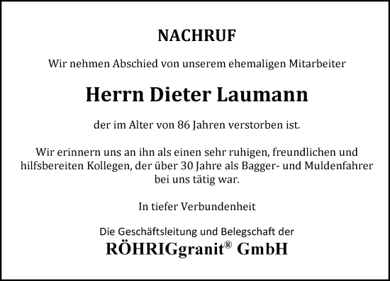 Traueranzeige von Dieter Laumann von Bergsträßer Anzeiger