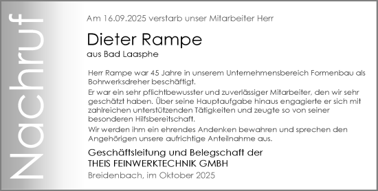 Traueranzeige von Dieter Rampe von Hinterländer Anzeiger