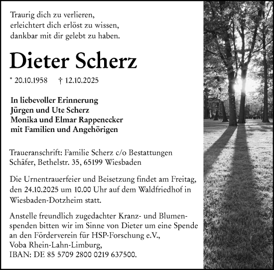 Traueranzeige von Dieter Scherz von Wiesbadener Kurier Traueranzeige von Dieter Scherz von Wiesbadener Kurier