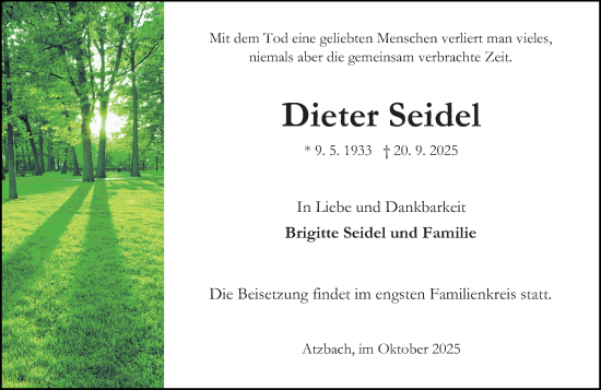 Traueranzeige von Dieter Seidel von Wetzlarer Neue Zeitung