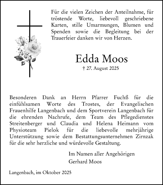 Traueranzeige von Edda Moos von Weilburger Tageblatt