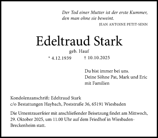 Traueranzeige von Edeltraud Stark von Wiesbadener Kurier Traueranzeige von Edeltraud Stark von Wiesbadener Kurier
