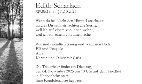 Traueranzeige von Edith Scharlach von Starkenburger Echo Traueranzeige von Edith Scharlach von Starkenburger Echo