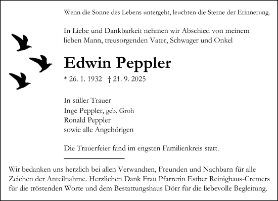 Traueranzeige von Edwin Peppler von Wetzlarer Neue Zeitung