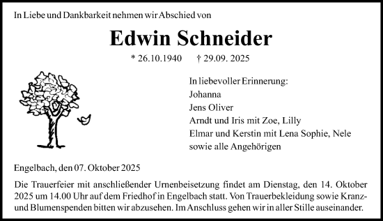 Traueranzeige von Edwin Schneider von Hinterländer Anzeiger