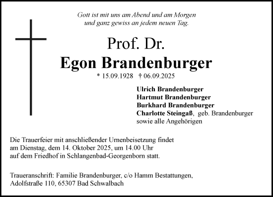 Traueranzeige von Egon Brandenburger von Wiesbadener Kurier Traueranzeige von Egon Brandenburger von Wiesbadener Kurier