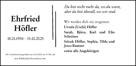 Traueranzeige von Ehrfried Höfler von Rüsselsheimer Echo Traueranzeige von Ehrfried Höfler von Rüsselsheimer Echo