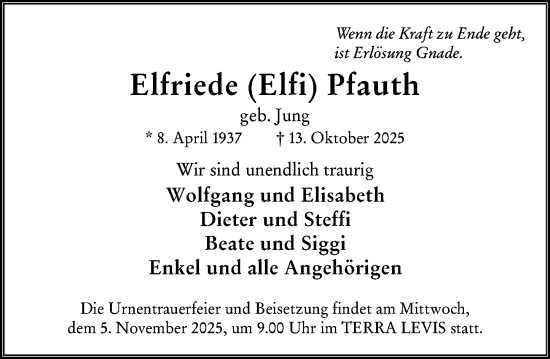 Traueranzeige von Elfriede Pfauth von Wiesbadener Kurier Traueranzeige von Elfriede Pfauth von Wiesbadener Kurier