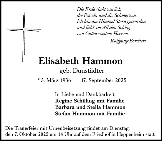 Traueranzeige von Elisabeth Hammon von Starkenburger Echo Traueranzeige von Elisabeth Hammon von Starkenburger Echo